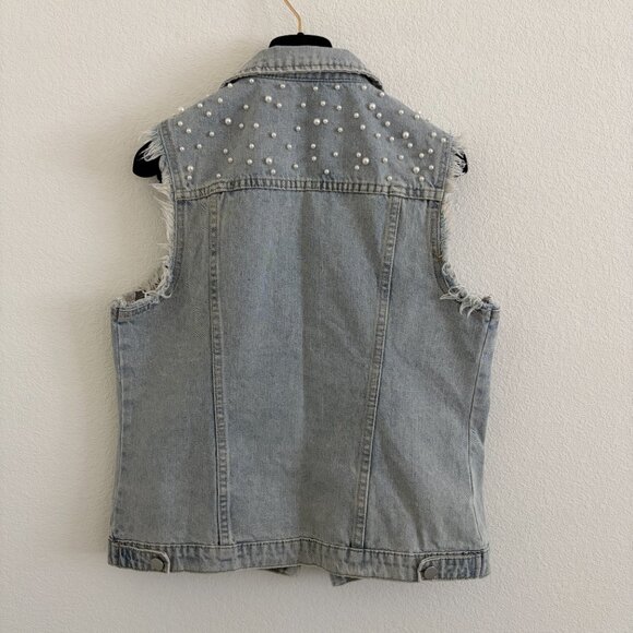 Ebossy Denim Vest Faux Pearl Womens Medium Blue Light Wash Denim Distressed - Picture 8 of 11